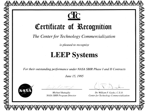 CTC/NASA Certificate of Recognition